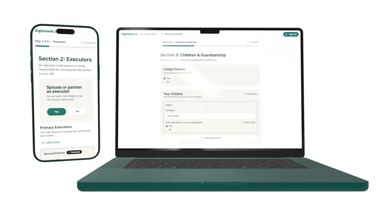 Willable.ie wizard on mobile and dashboard on laptop
