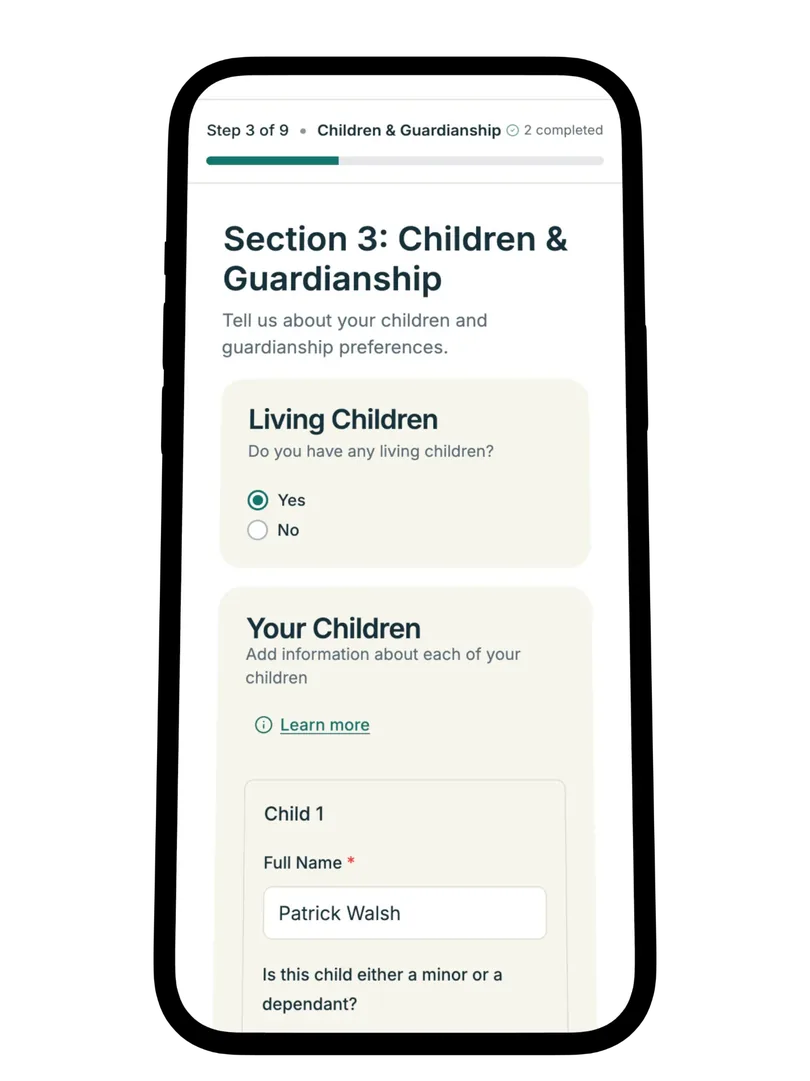 Children and guardianship form on mobile