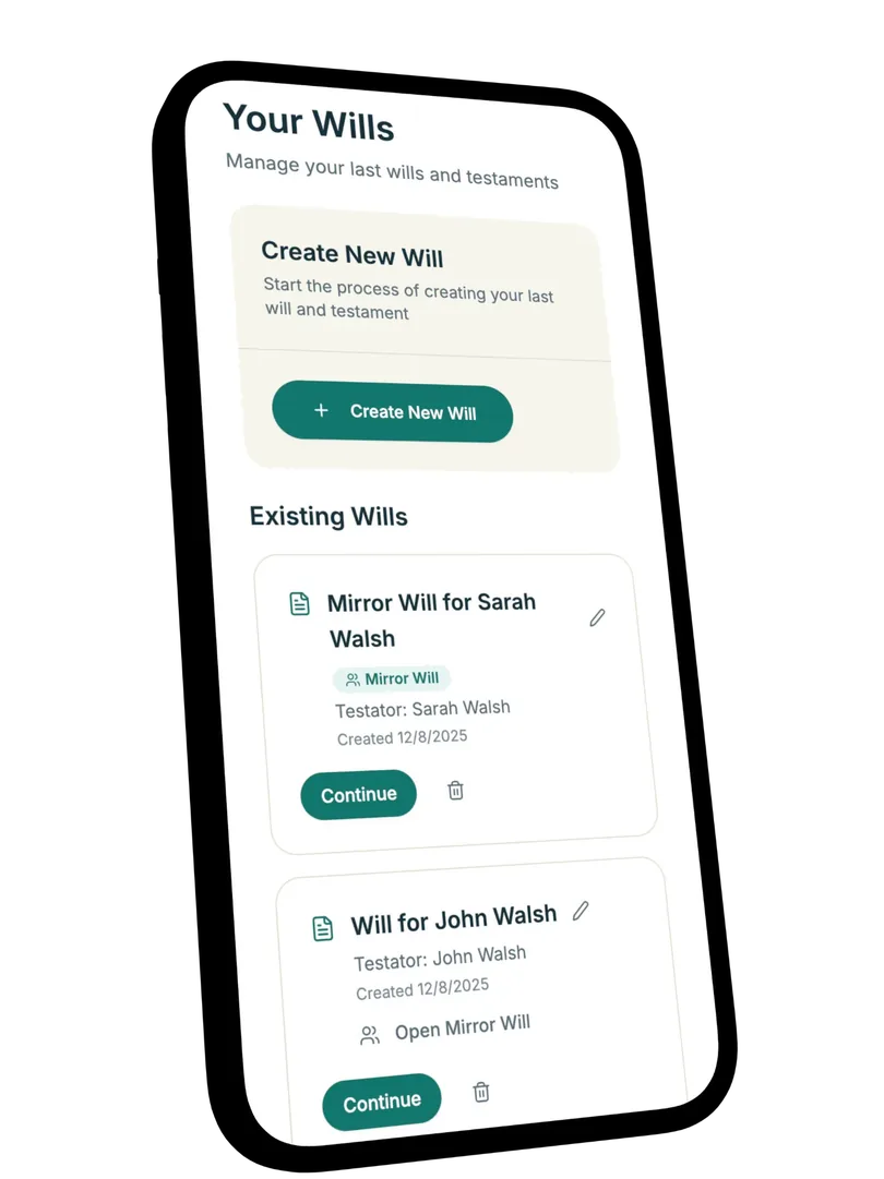 Willable app showing Your Wills dashboard on mobile